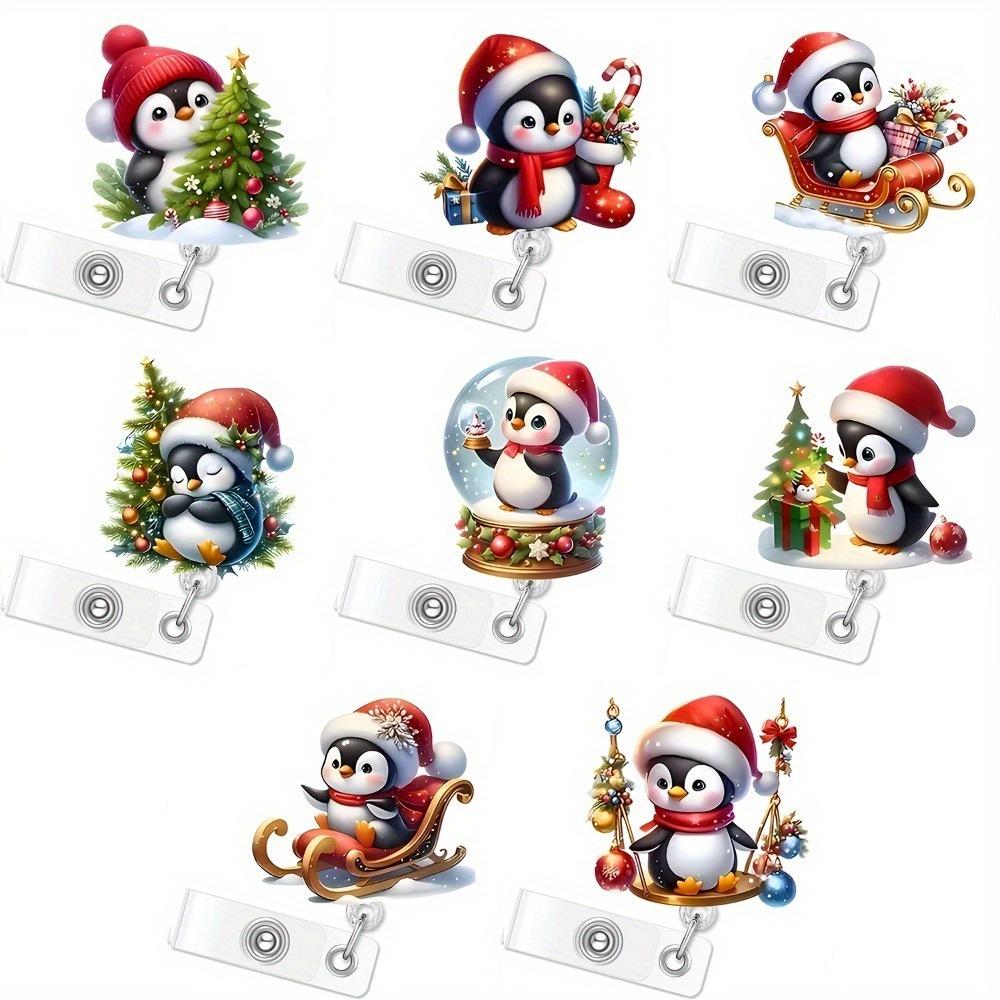 8-Piece Christmas Penguin Badge Reel Set - Retractable Flashing Santa Name Tag Clips for Nurses, Doctors, and Teachers.