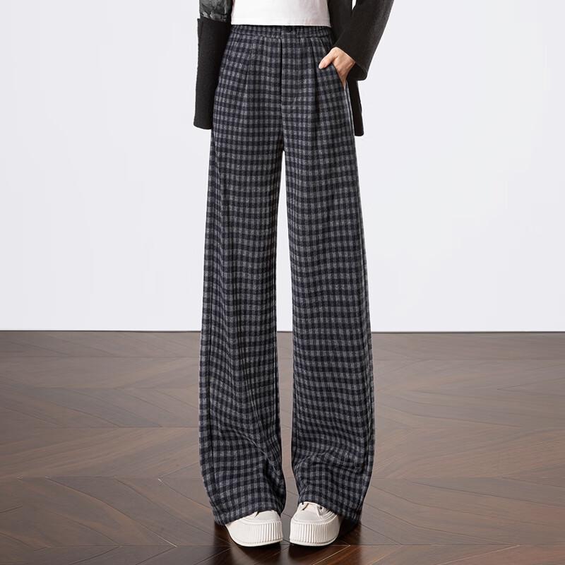 Si Baishe Women's Winter Fleece-Lined Plaid Wide-Leg Pants