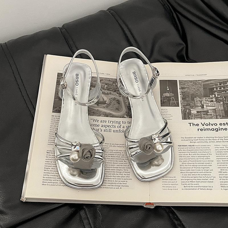 Fashion Versatile Fairy Wind Silver Flower Strap One-word Strap Open-toed Stiletto Shoes 2025 Summer New Versatile Sandals