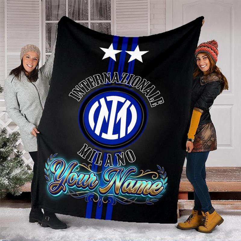 1pc Personalized Name Internazionale Milano Theme Blanket - Digital Print, Polyester, Cozy for All Seasons, Perfect for Outdoor, and Travel