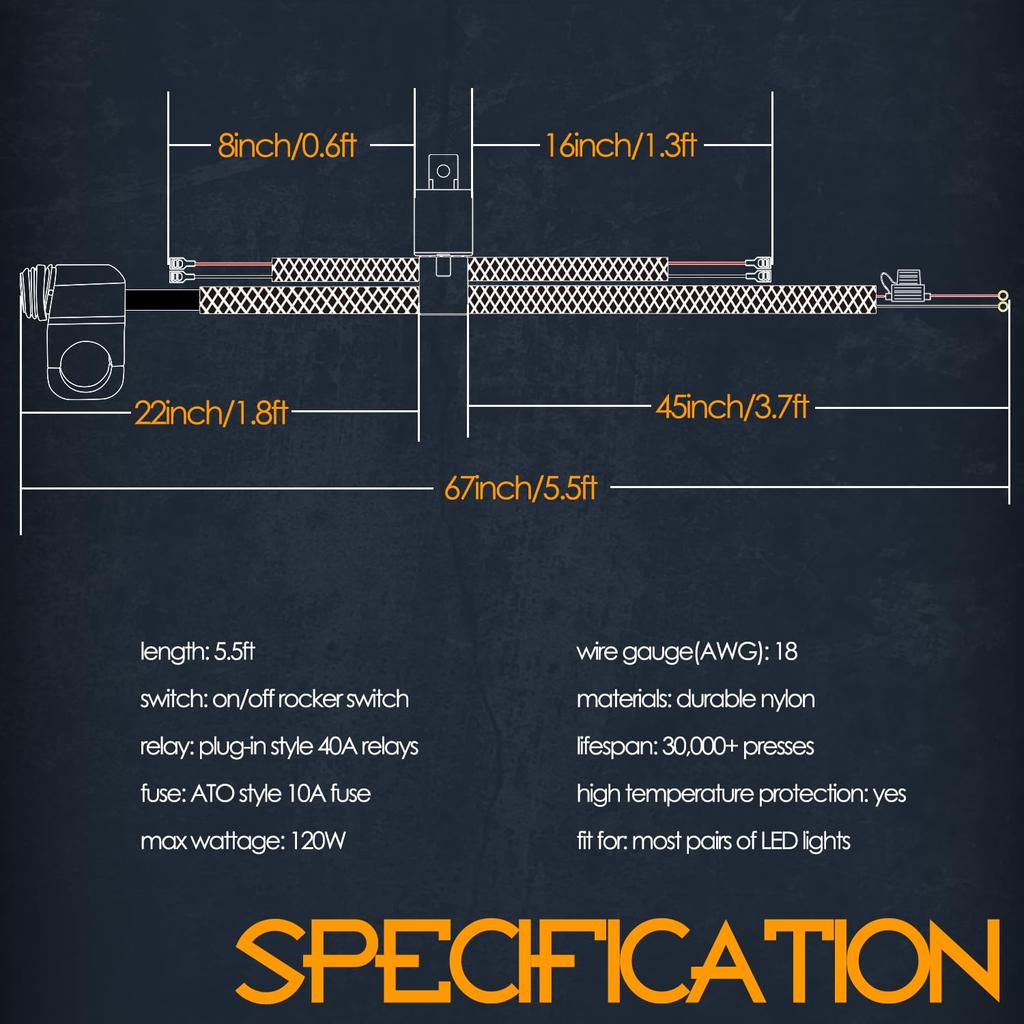 Motorcycle Spotlight Switch Light Bar/Work Light Fog Light On/Off Nylon Wiring Harness for Car Boat Truck 120W Cable Accessories