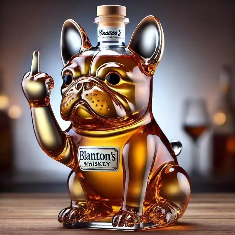 Transparent Glass French Bulldog Red Wine Bottle, Irregular Shape, Sealed for Whiskey/Vodka.
