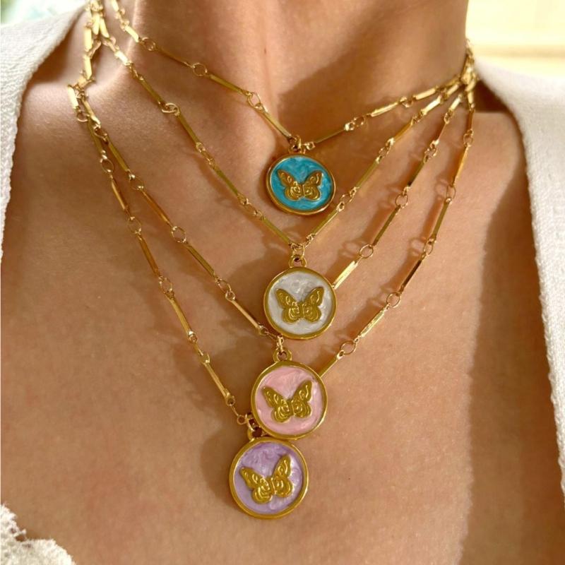 Stainless Steel Butterfly Necklace Colorful Enamel Detailing Dainty Chain for Everyday Wear or Special Occasions