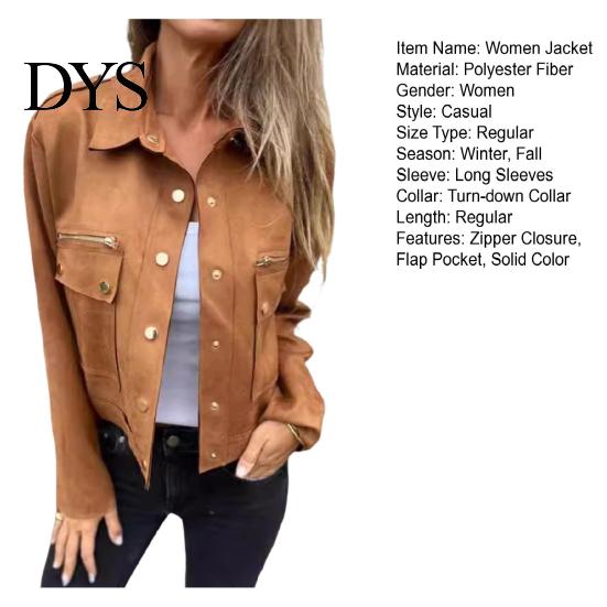 Women Jacket Autumn Spring Coat Flap Pocket Zipper Decor Turn-down Collar Long Sleeves Outerwear Single-breasted Buttons Cargo Style Daily Wear