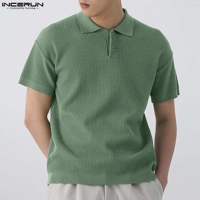 

INCERUN мужские вафельные рубашки с короткими рукавами, однотонные летние поло с воротником, повседневные свободные топы больших размеров