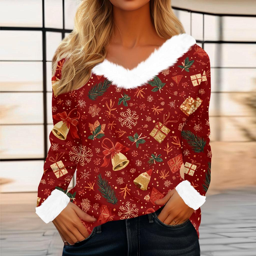 Women's Casual Fashion Long Sleeve Christmas Printed Flannel Collar Top