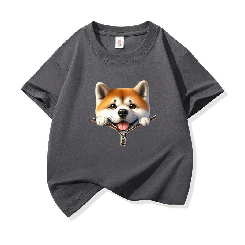 Kids Pure Cotton T Shirt Adorable Dog Zipper Print Crew Neck Short Sleeve Tee Casual Breathable Boys Girls Summer Tops