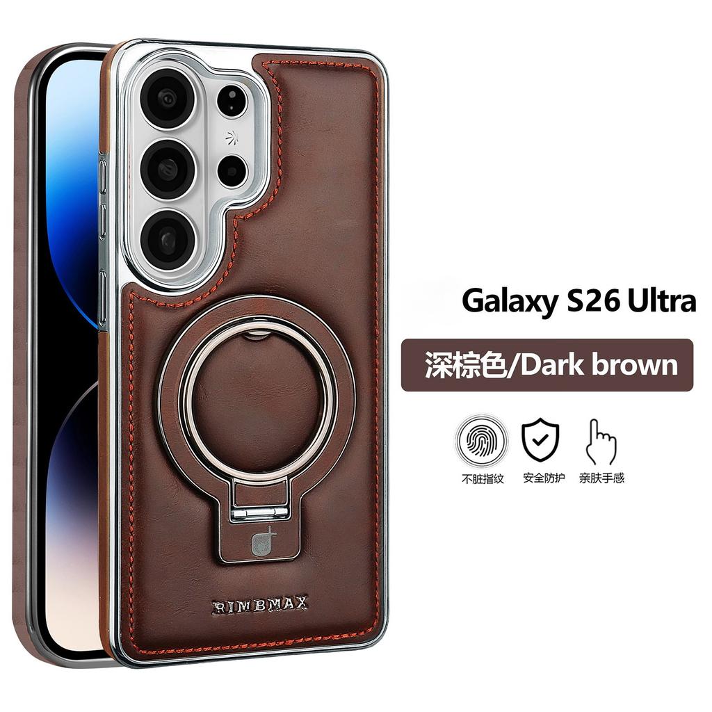 Leather Phone Case for Samsung Galaxy S26 Ultra S25 Edge S24 Plus S23 Bracket Magnetic Wireless Charging Electroplated Cover
