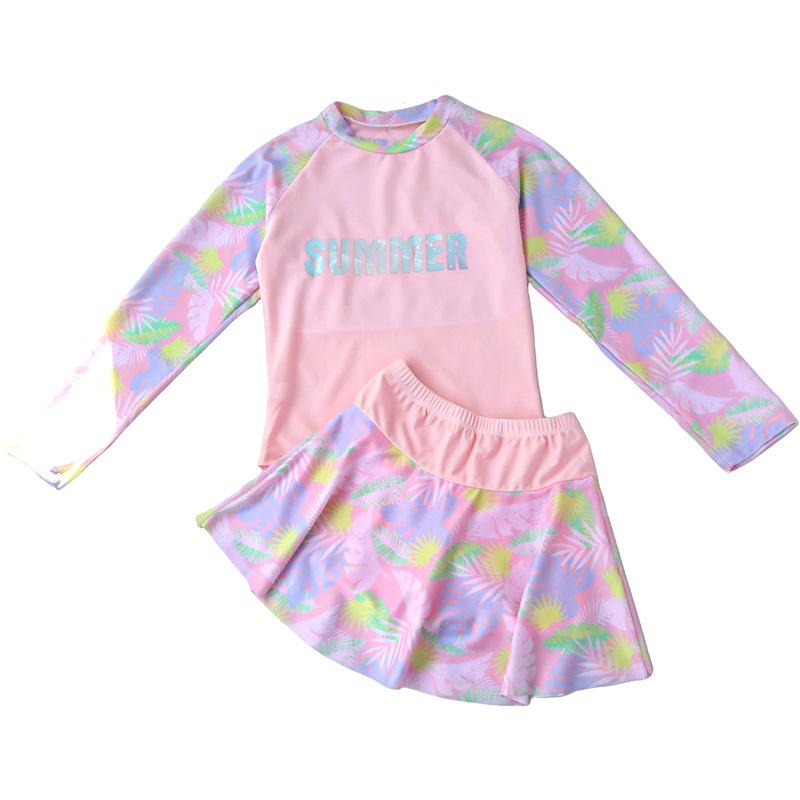 Girls' Long Sleeve One-Piece Skirt Swimsuit for Beach & Hot Springs