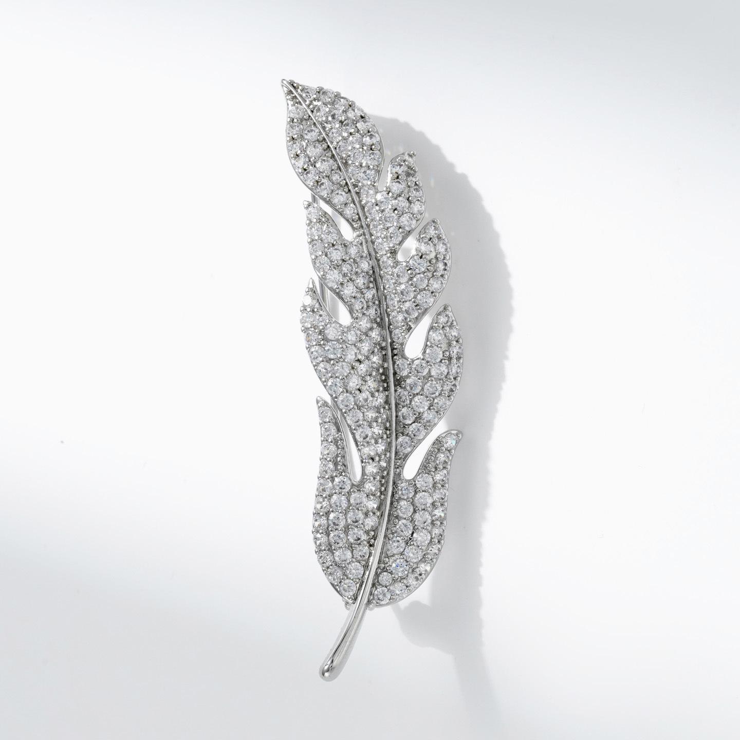 Elegant Copper Zirconia Feather Brooch - Unisex Luxury Clothing Accessory
