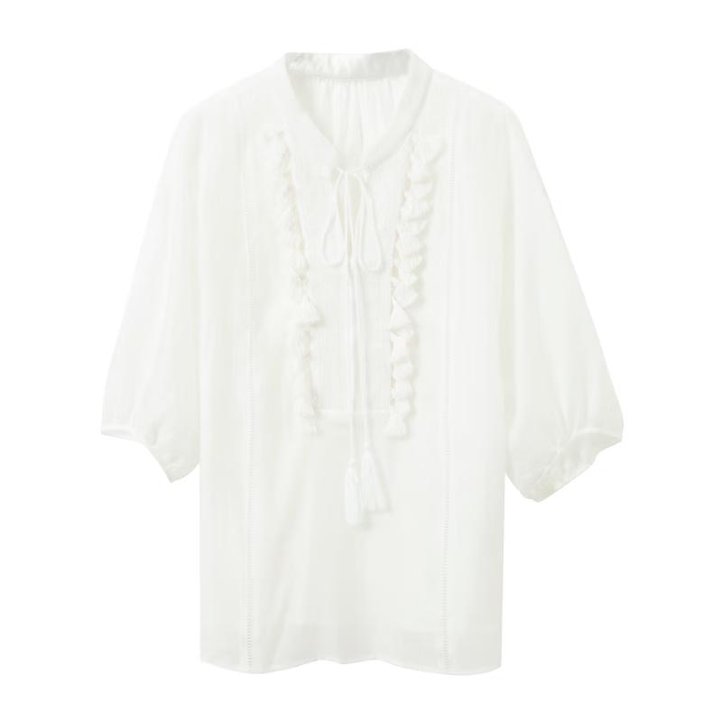 Sancai Women s Tassel Stand Collar Mid-Sleeve Top L