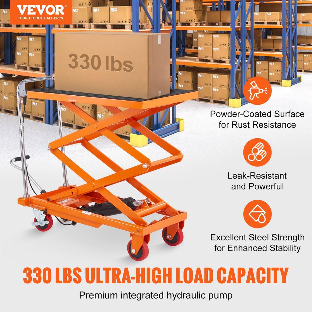 VEVOR Hydraulic Lift Table Cart, 330lbs Capacity 50" Lifting Height, Manual Double Scissor Lift Table with 4 Wheels and Non-slip Pad