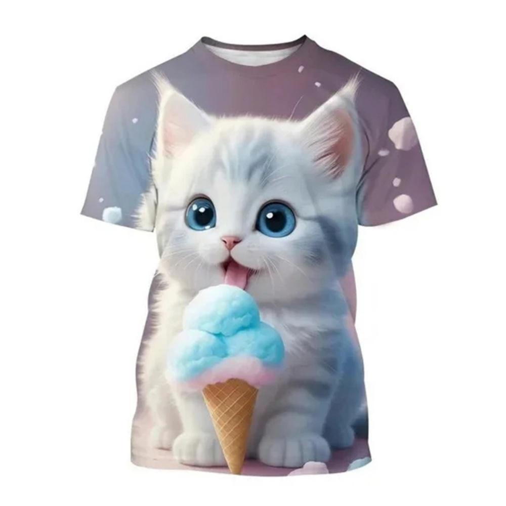 Fashion Korean Cute Cat Print Tees Children Girls Summer Clothes Kawaii Crew Neck
