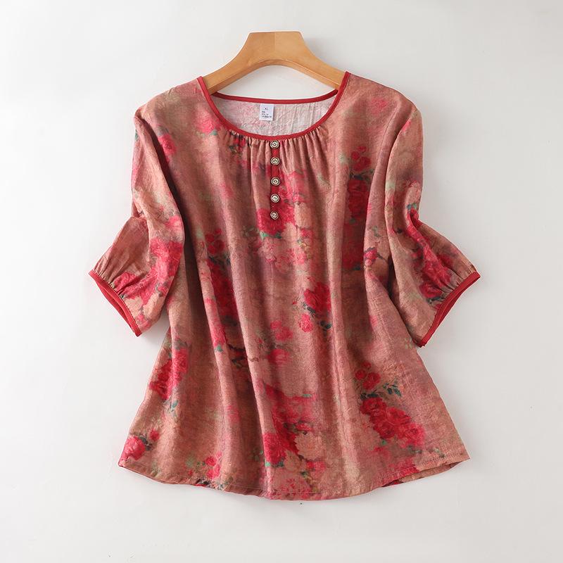 Chinese Style Tencel Cotton Short-Sleeved Top: Soft, Comfortable, and Breathable Pajamas for Middle-Aged and Elderly Women