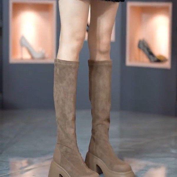 Thick-soled thick-heeled boots women's elastic thin boots 2025 autumn and winter new fashion round head thin high-heeled but knee boots