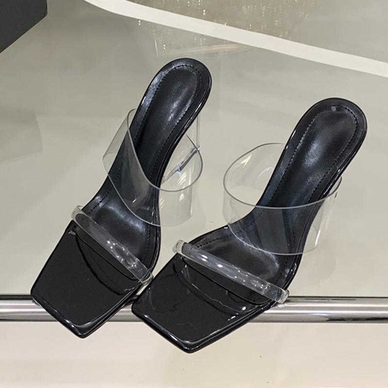 Fashion Liyke PVC Transparent Slippers For Women Summer Fashion Square Toe Clear Perspex Wedges Shoes High Heels Sandal Female Mules