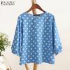 ZANZEA Women Casual Round Neck 3/4 Sleeve Loose Polka Dot Print Blouse