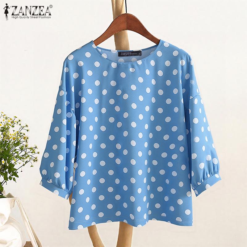 ZANZEA Women Casual Round Neck 3/4 Sleeve Loose Polka Dot Print Blouse