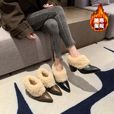 Version peau de mouton~ mocassins pointus haut de gamme pour femmes rétro à une pédale chaussures simples duveteuses à talons hauts velours épais chaudes chaussures en coton