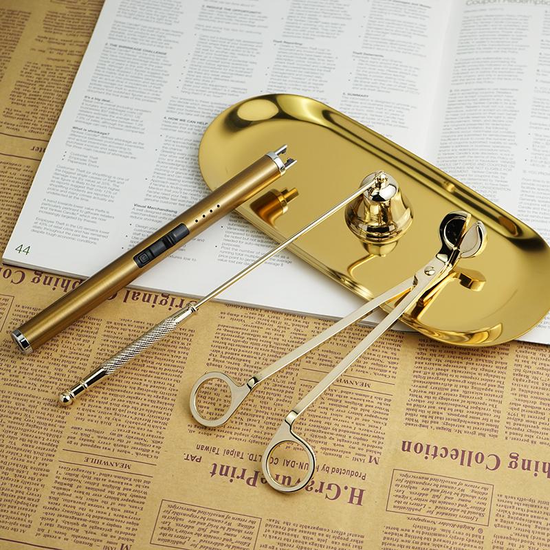 Aroma Candle Tool Kit: Wick Trimmer, Snuffer, Extinguishing Hook, and Tray.