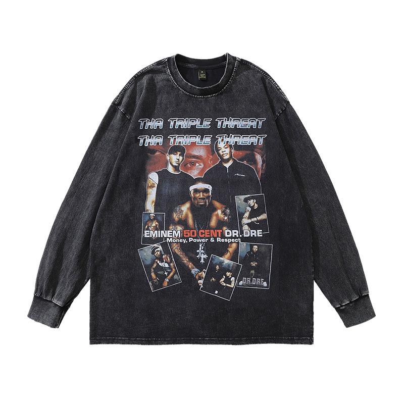 European And American High Street Retro Angel Washed Long-Sleeved T-Shirt Men'S And Women'S Street Trendy Brand Old Versatile Bottoming Top