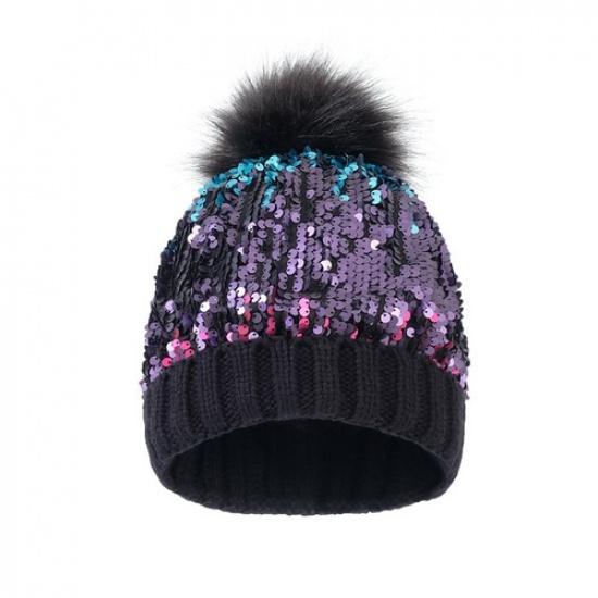 Women Sequin Knitted Beanie Hat Cap with Faux Fur Pom Pom Warm Skull Cap Winter чёрный