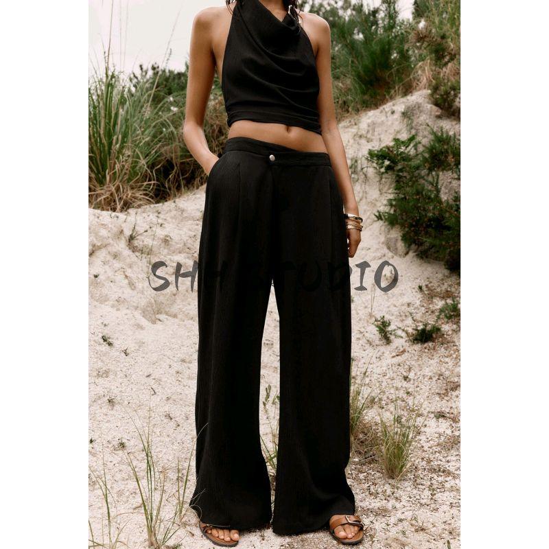 Hanging Collar Sleeveless Elegant Tops 3564127 Cross Waist Wide Leg Comfort and Casual Pants 3564128