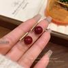 Balance Beam Word Pearl Stud Earrings Female Hong Kong Style Temperament Burgundy Earrings New Year's Festive Personality Ears