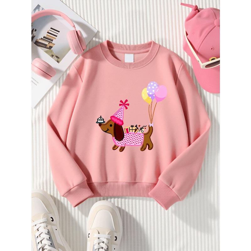 Girls Soft Crewneck SweatshirtDachshund Birthday Party Print with Balloons And Gifts with Cute Creative Print, Casual All-Match for Fall Winter