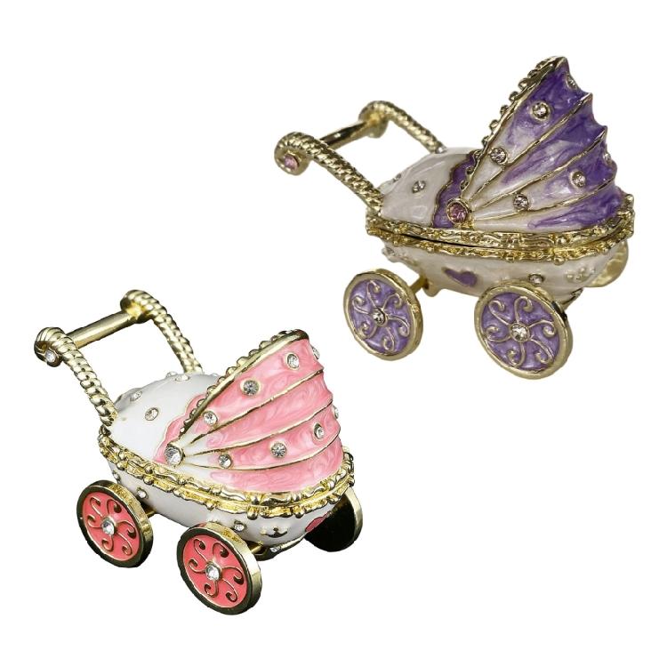 Enamel Coated Rhinestones Studded Metal Jewelry Box Baby Carriage Storage Container for Jewelry Organization