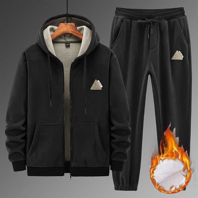 

Зимний утепленный костюм с плюшем для мужчин, худи из овечьей шерсти, хлопковые брюки, повседневный спортивный теплый костюм XXL чёрный