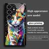 Colorful Cat Black Tempered Glass Phone Case Suitable for Samsung Galaxy S26 S25 S24 S23 S22 S21 S20 FE/Ultra/Plus Anti Fall