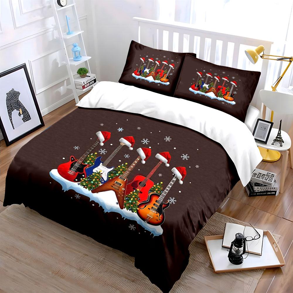 Christmas Guitar Snowflake Theme Bedding Duvet Cover Set Duvet Cover Pillowcases (1*Duvet Cover 2*Pillowcases, without duvet insert)