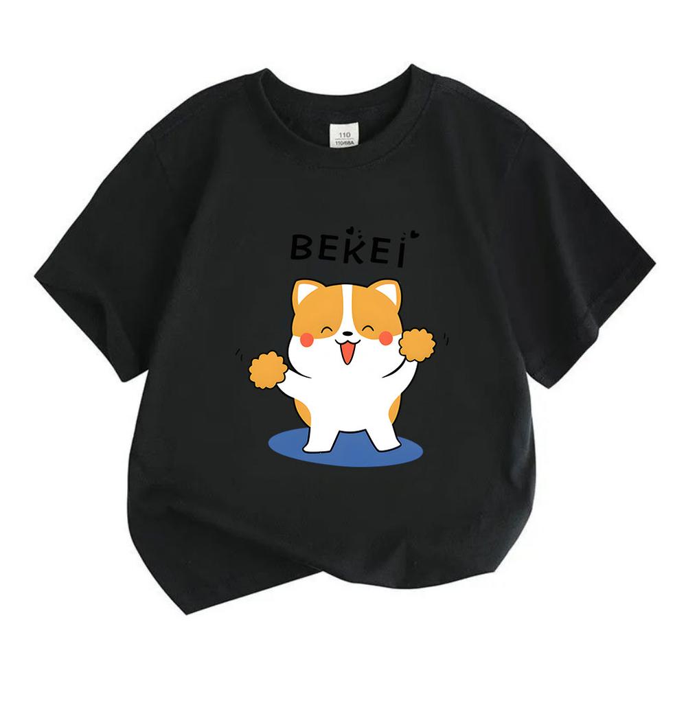 Cute Cheering Corgi Graphic Kids 100% Cotton T-Shirt, Unisex Boys Girls Round Neck Short Sleeve Casual Soft Tee for Daily Wear Cheerful Animal Pattern
