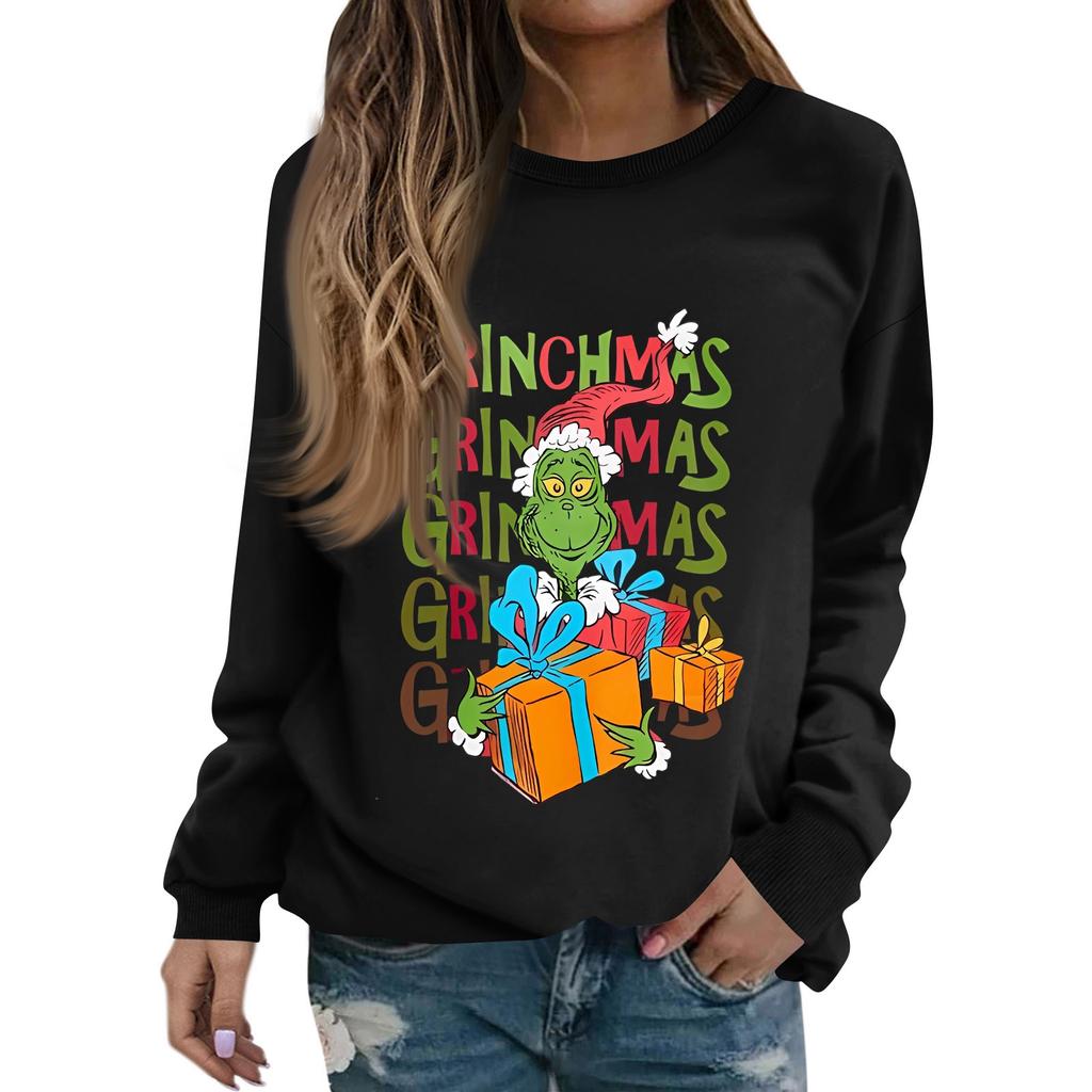 Women's Fashion Casual Long Sleeve Solid Color Christmas Printed Round Neck Top Sweatshirt