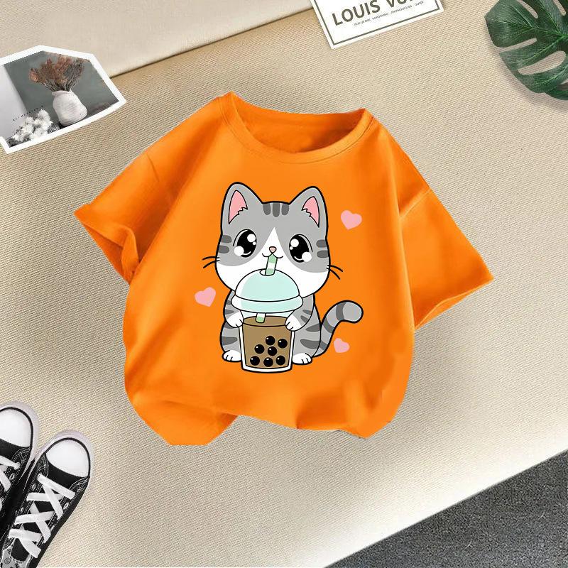 Children's Casual Short-sleeved T-shirt - Summer Girls' And Boys' Fashionable And Cute Cat T-shirt
