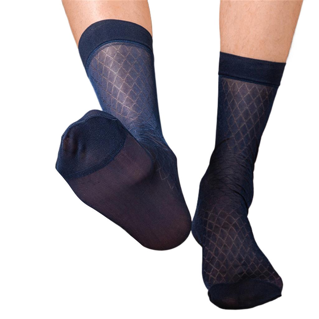 Mens Ultrathin Dress Socks Silk Sheer Business Socks Soft Nylon See Through Diamond Pattern Middle Tube Calf Socks