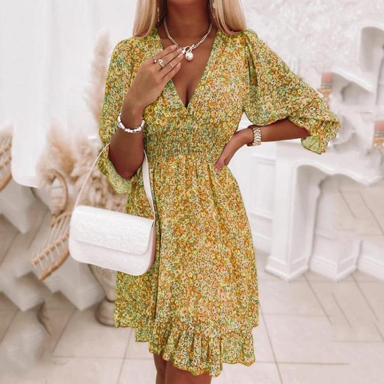 Floral Print Bohemian Short Sleeves Mid Length Dress with Waist Cinching