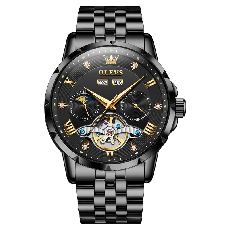 

OLEVS Automatic Mechanical Watch with Moon Phase Stylish Skeleton Luminous Black Men s Display, Design, Waterproof, Popular, Watch, чёрный