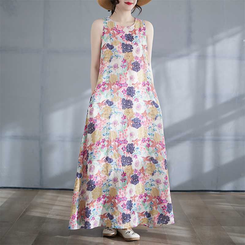 

Женская длинная юбка летнее платье с круглым вырезом и принтом 2XL