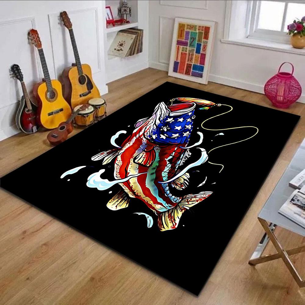 Patriotic Fish Art with Stars and Stripes Patterned Carpet, Non Slip Mat Suitable for Living Room and Bedroom Sofas