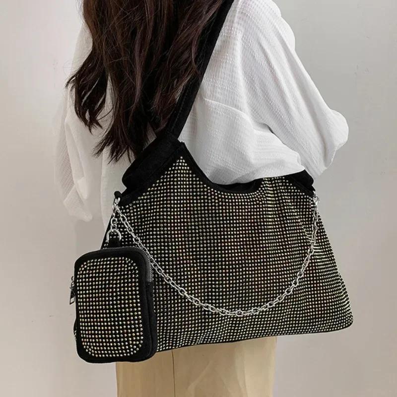 New Shiny Rhinestone Women's Handbag Large Shopping Bag Fashion DinnerBag Underarm Shoulder Bags Women's Party Commuter Bag