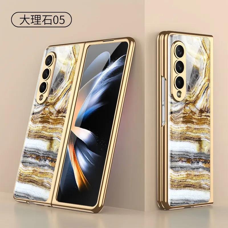 Luxury Plating Frame Case For Samsung Galaxy Z Fold 4 5G Painted Pattern Tempered Glass Hard Cover For Galaxy Z Fold5 4 3 Case