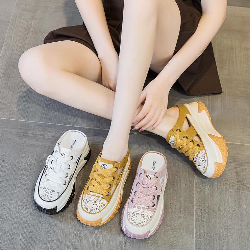 Fashion Designer Women Baotou Slippers Platform Mules Shoes Trend Lace-up Breathable Wedges Half Slippers Outdoor Women's Casual Sandals