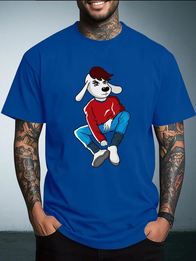 Unisex White Tee Cool Hip Hop Style Cartoon Dog In Red Top Blue Pants Graphic Crew Neck Loose Casual Male Daily Tops