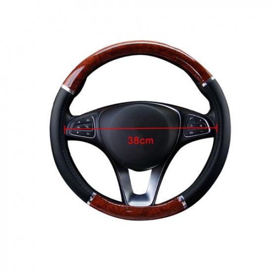 Leather Wood Grain Steering Wheel Cover Good Grip Accessories for Car Vehicle
