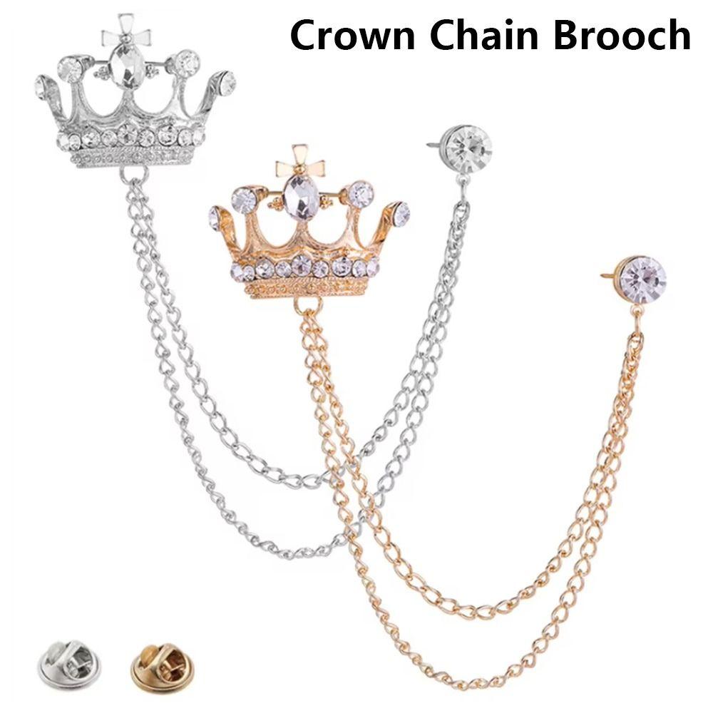 1Pcs Temperament Chain Brooch Crown Rhinestone Lapel  For Women Dress Mens Shirt Suit Set