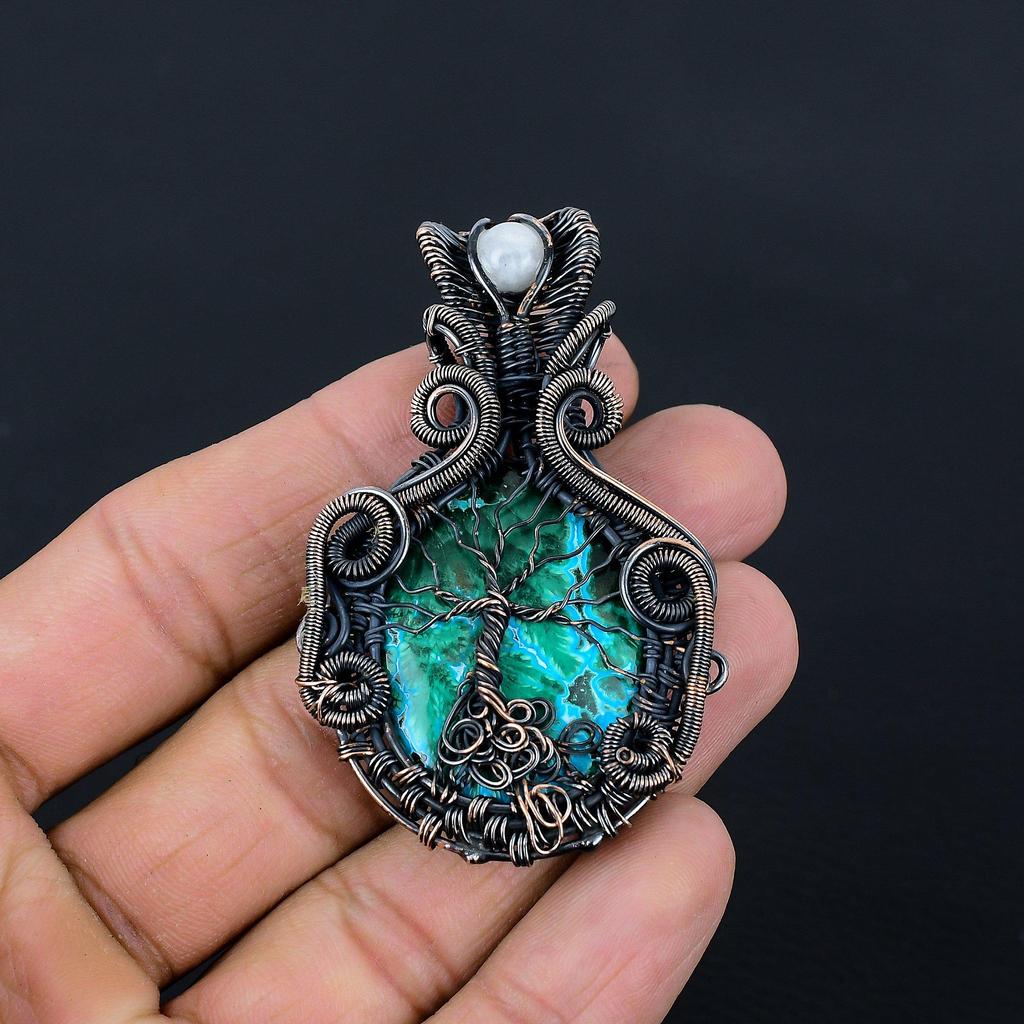 Baum des Lebens Azurit Malachit & Mondstein Edelstein Reiner Kupferdraht Wickel handgefertigter Schmuck Anhänger