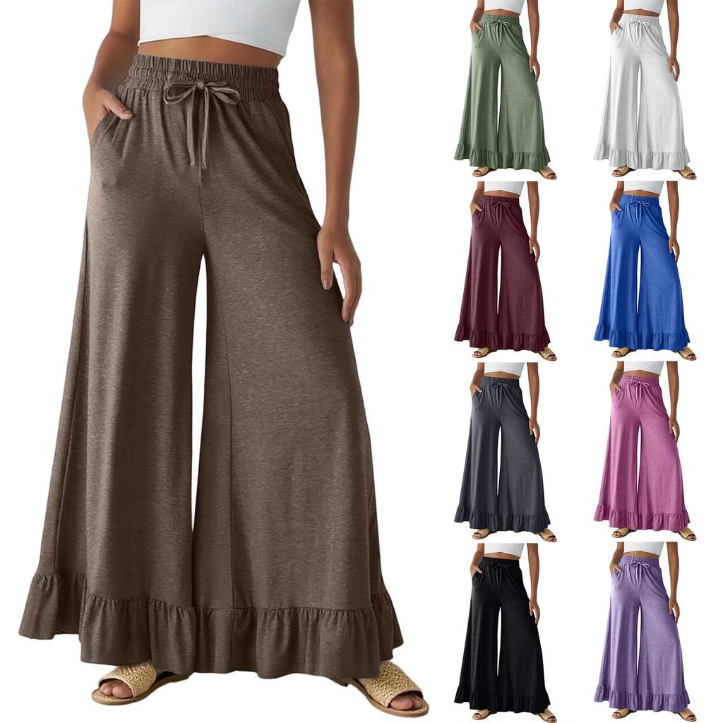 Women’s Casual Loose Fit Drawstring Elastic Waist Wide Leg Pants with Ruffle Hem and Relaxed Flowy Silhouette for Everyday Wear