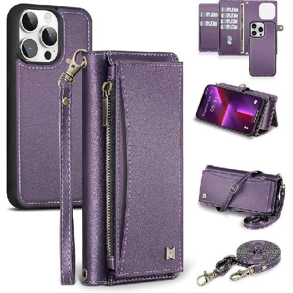 for iPhone 13 Pro Max Wallet Case with Card Holder/Crossbody Wallet/Strap,[RFID Blocking][Magnetic] PU Leather Shockproof Protective Cover iPhone 13 фиолетовый